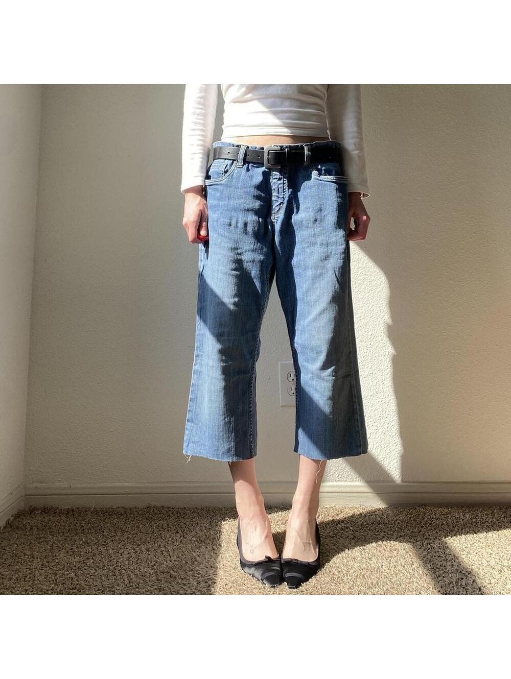 Vintage y2k low rise wide leg cropped cut off denim blue jeans / capris